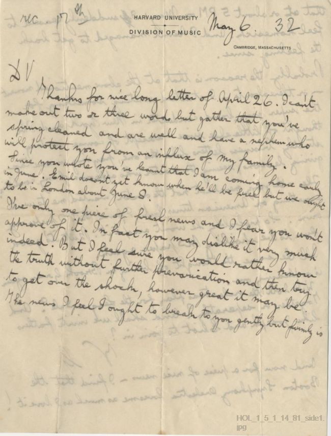 Letter from Gustav Holst to Vally Lasker