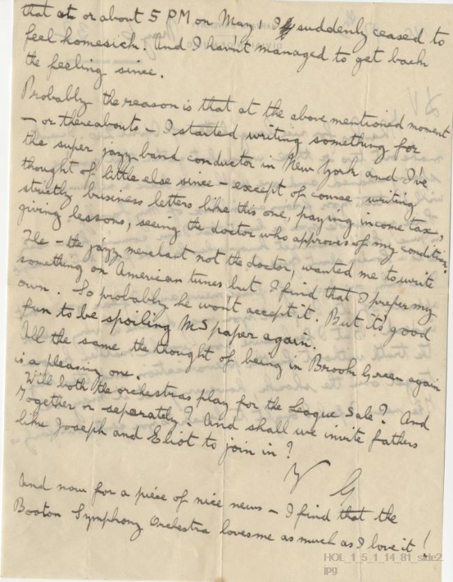 Letter from Gustav Holst to Vally Lasker