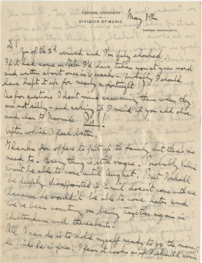 Letter from Gustav Holst to Vally Lasker
