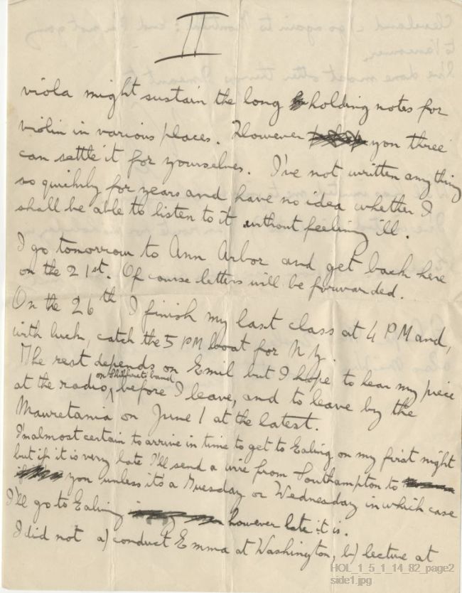 Letter from Gustav Holst to Vally Lasker