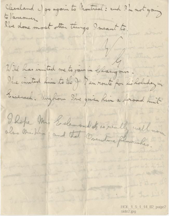 Letter from Gustav Holst to Vally Lasker