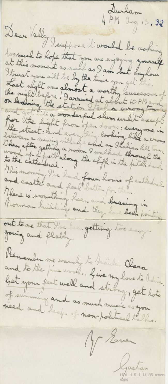 Postcard from Gustav Holst to Vally Lasker