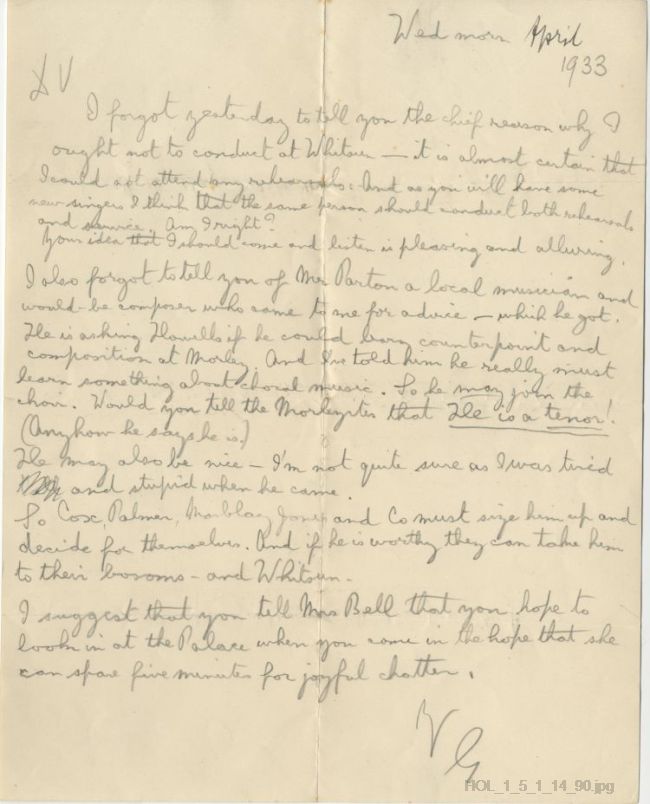 Letter from Gustav Holst to Vally Lasker