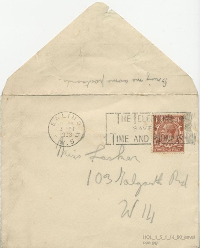 Letter from Gustav Holst to Vally Lasker