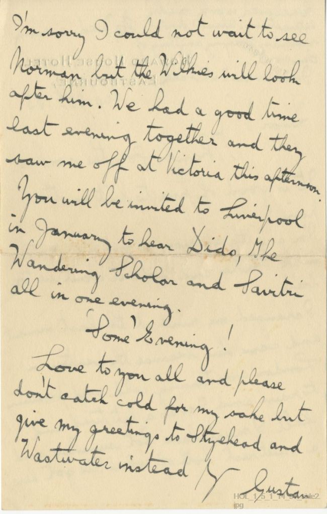 Letter from Gustav Holst to Vally Lasker