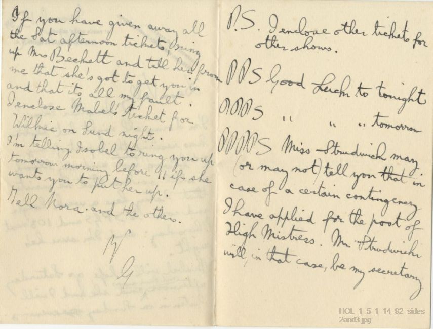 Letter from Gustav Holst to Vally Lasker