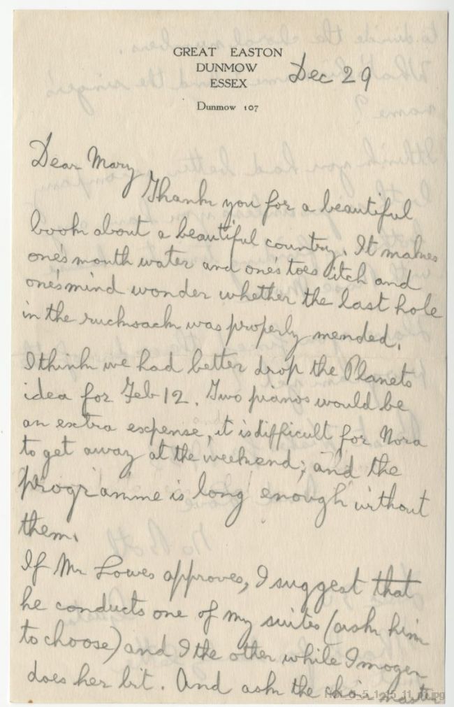 Letter from Gustav Holst to Mary Lediard