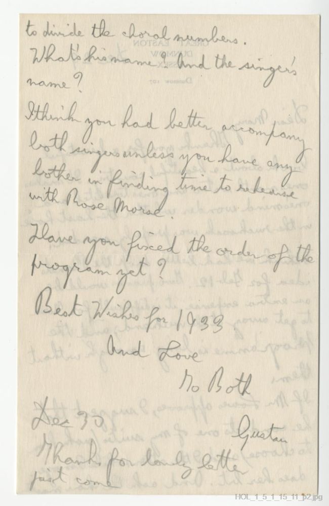 Letter from Gustav Holst to Mary Lediard