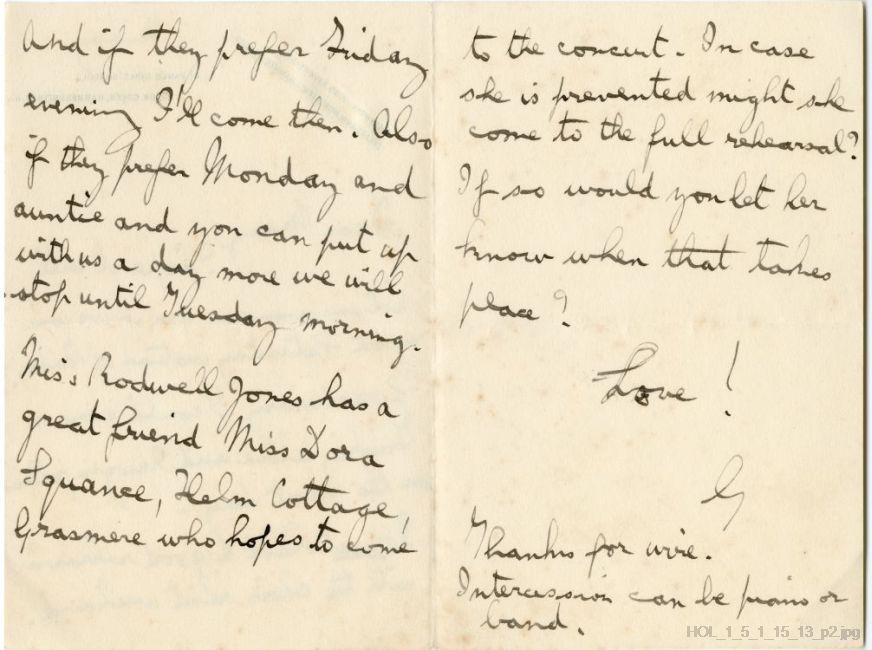 Letter from Gustav Holst to Mary Lediard
