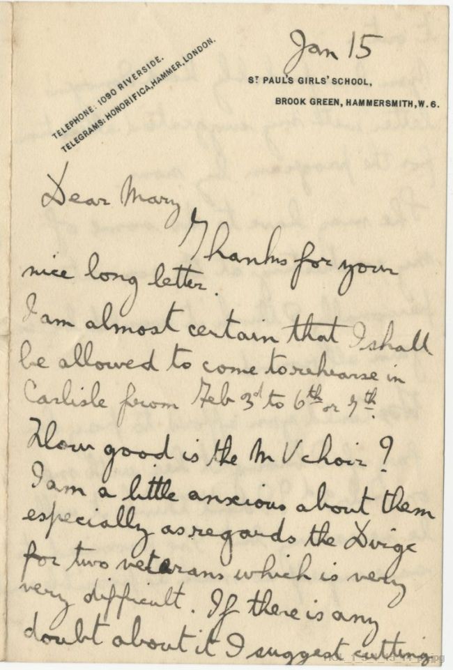 Letter from Gustav Holst to Mary Lediard