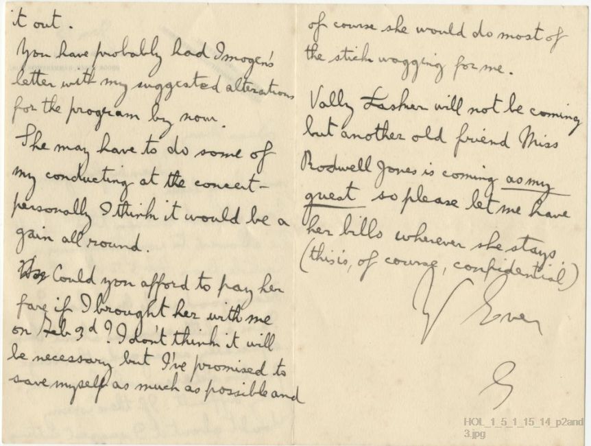 Letter from Gustav Holst to Mary Lediard