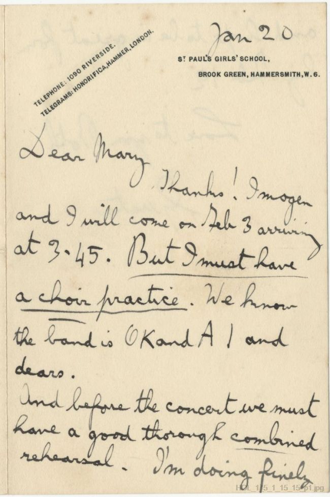 Letter from Gustav Holst to Mary Lediard
