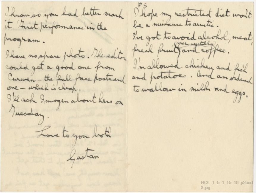 Letter from Gustav Holst to Mary Lediard