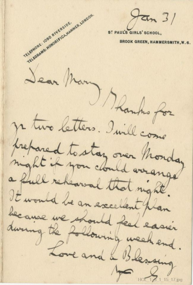 Letter from Gustav Holst to Mary Lediard