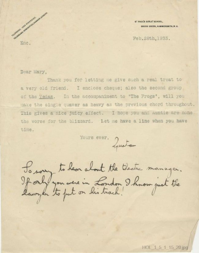 Letter from Gustav Holst to Mary Lediard