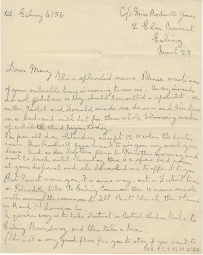 Letter from Gustav Holst to Mary Lediard