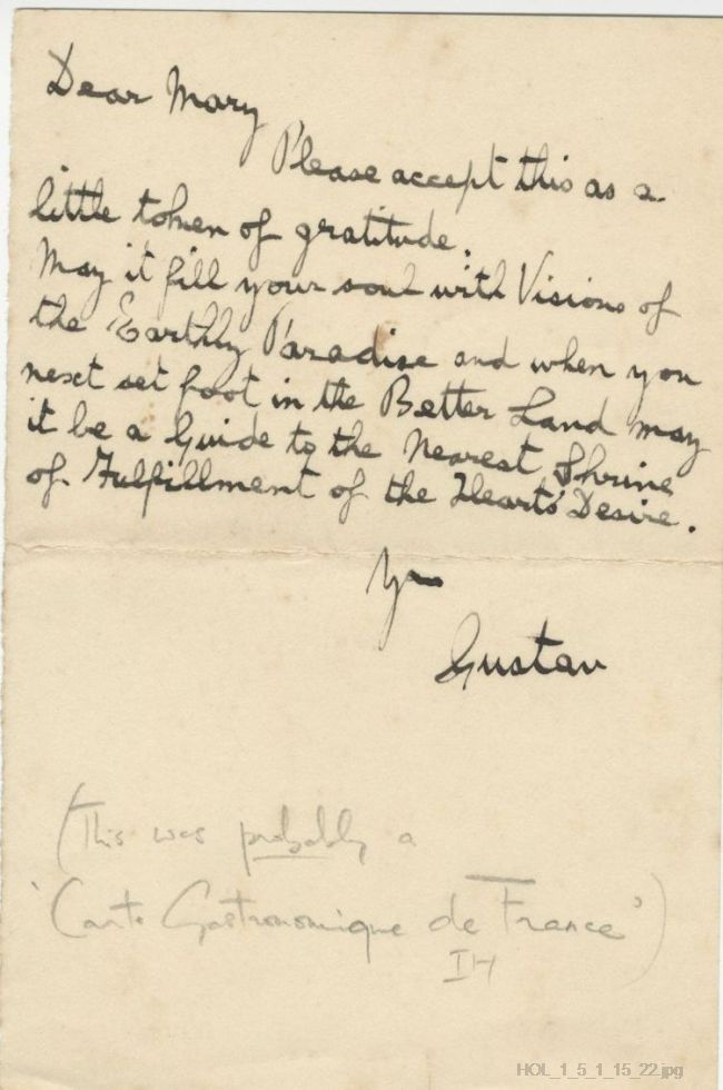 Letter from Gustav Holst to Mary Lediard