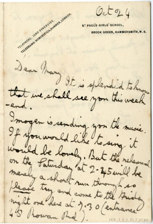 Letter from Gustav Holst to Mary Lediard