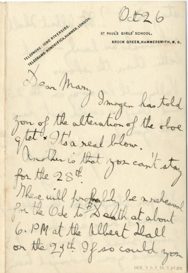 Letter from Gustav Holst to Mary Lediard