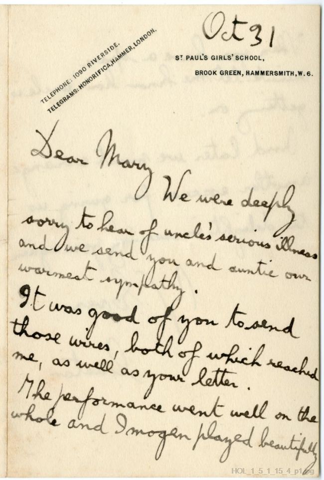 Letter from Gustav Holst to Mary Lediard