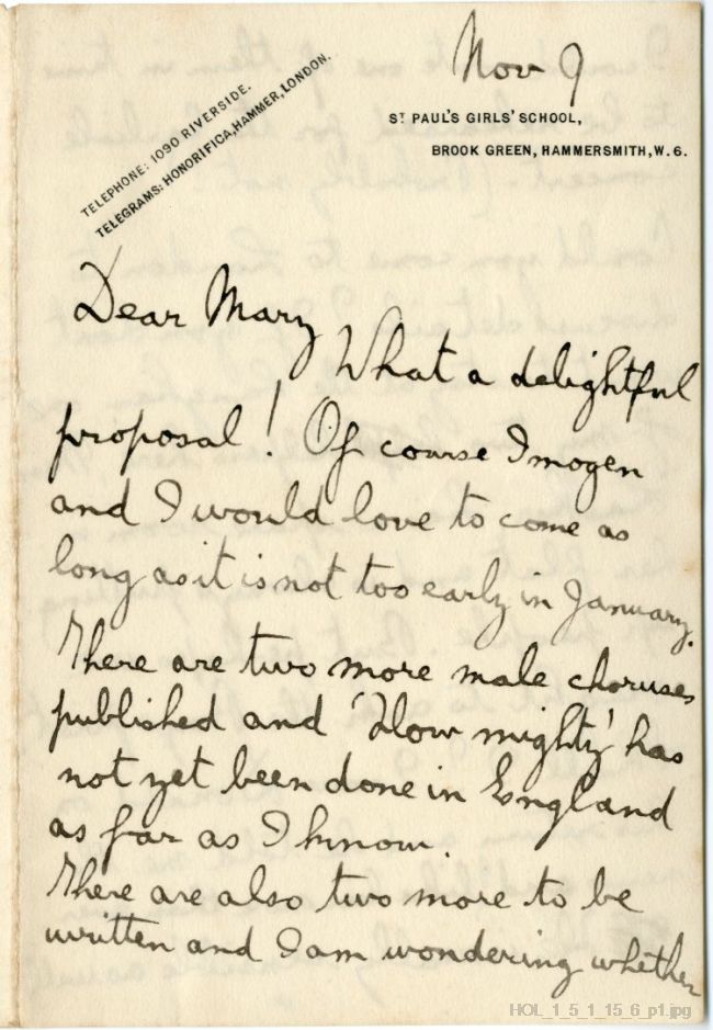 Letter from Gustav Holst to Mary Lediard
