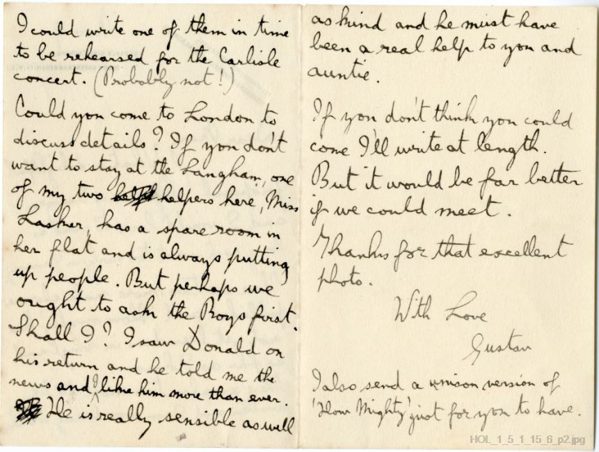 Letter from Gustav Holst to Mary Lediard