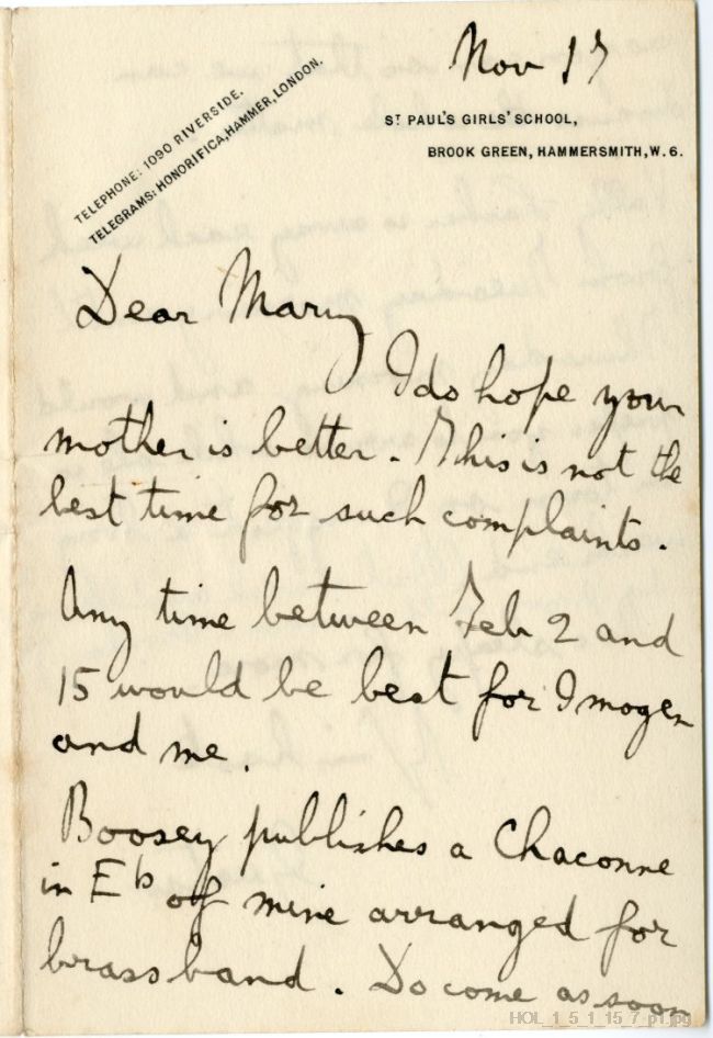 Letter from Gustav Holst to Mary Lediard