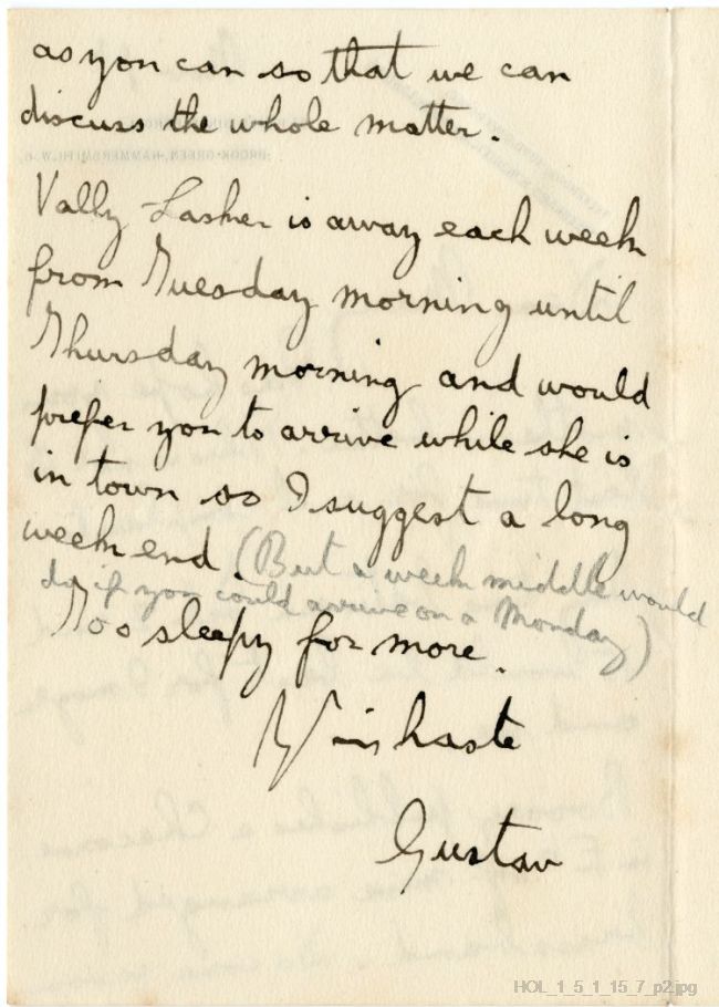 Letter from Gustav Holst to Mary Lediard