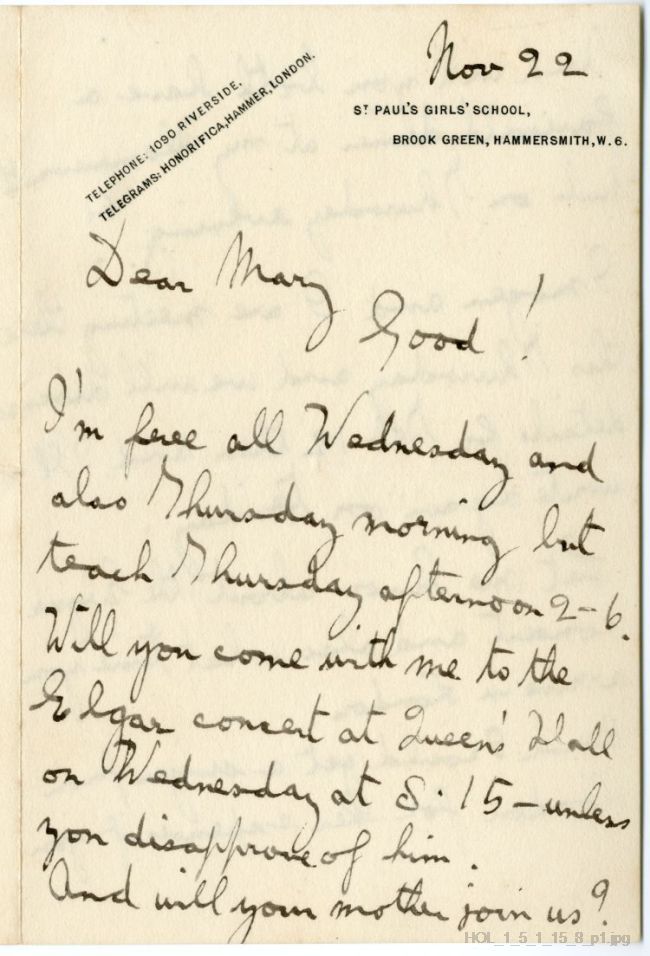 Letter from Gustav Holst to Mary Lediard