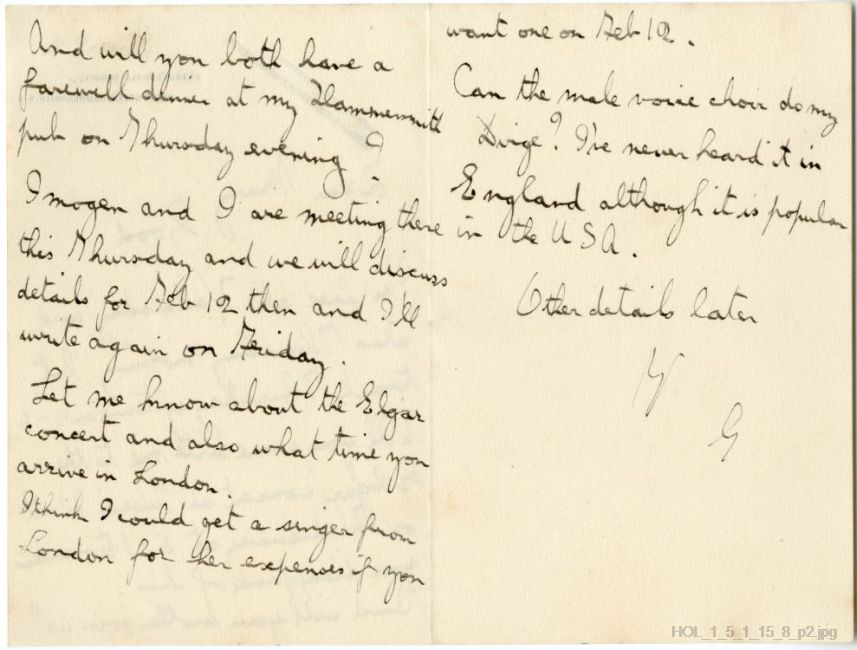 Letter from Gustav Holst to Mary Lediard