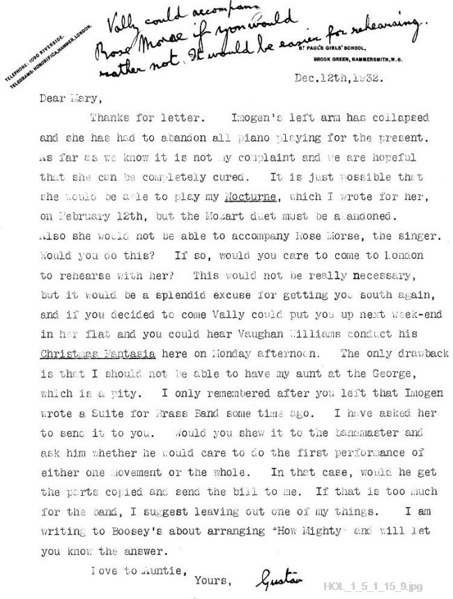 Letter from Gustav Holst to Mary Lediard