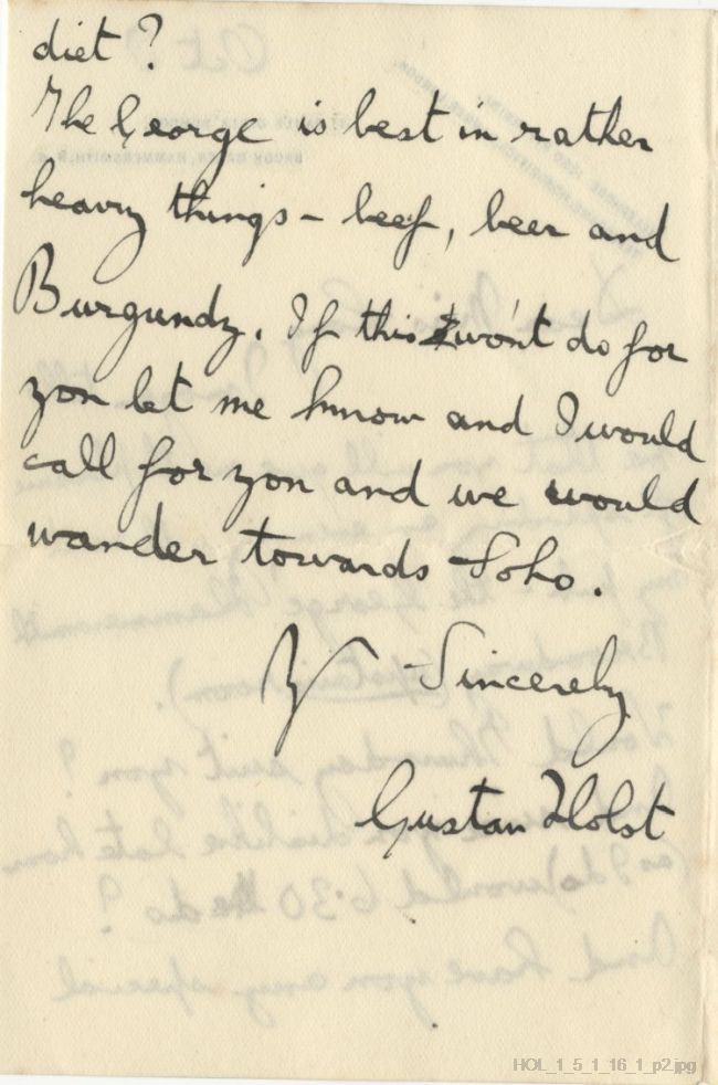 Letter from Gustav Holst to Kathleen Long