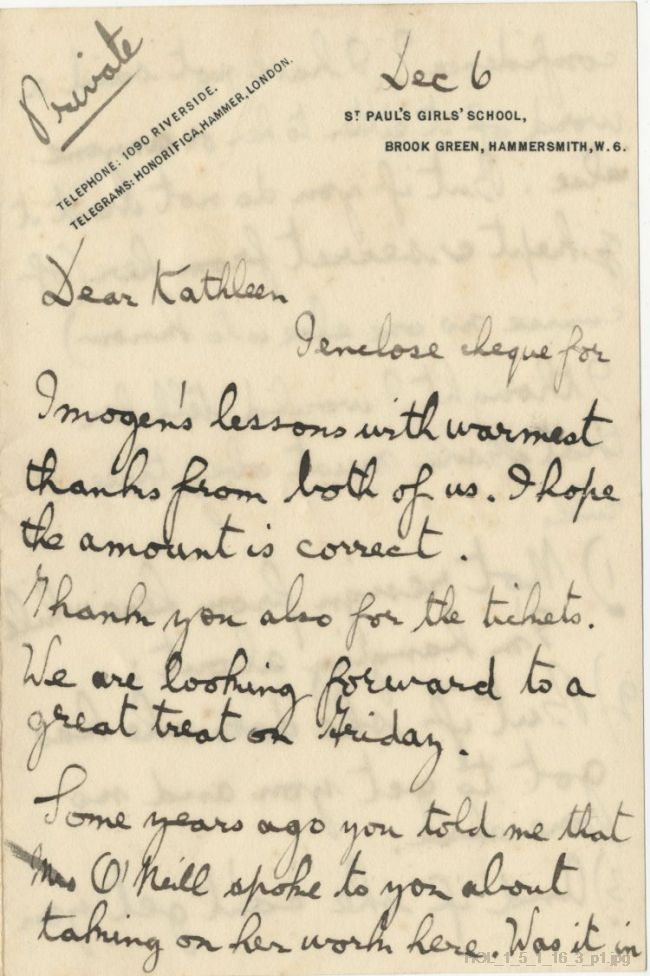 Letter from Gustav Holst to Kathleen Long