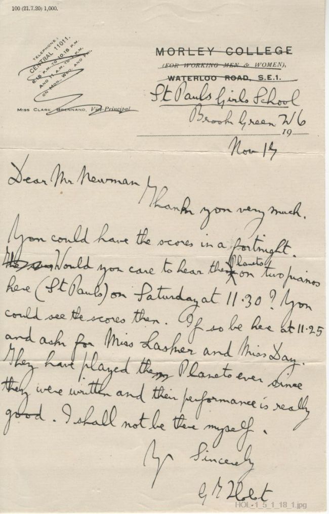 Letter from Gustav Holst to E Newman