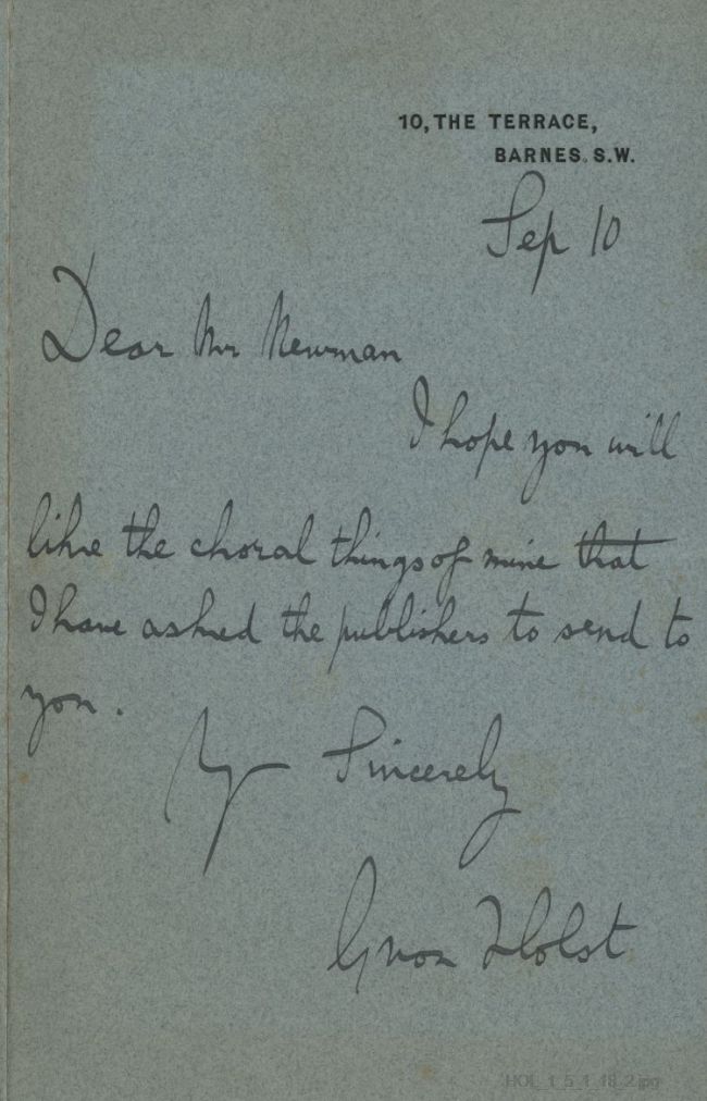 Letter from Gustav Holst to E Newman