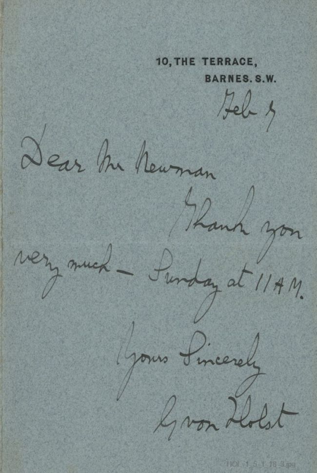 Letter from Gustav Holst to E Newman