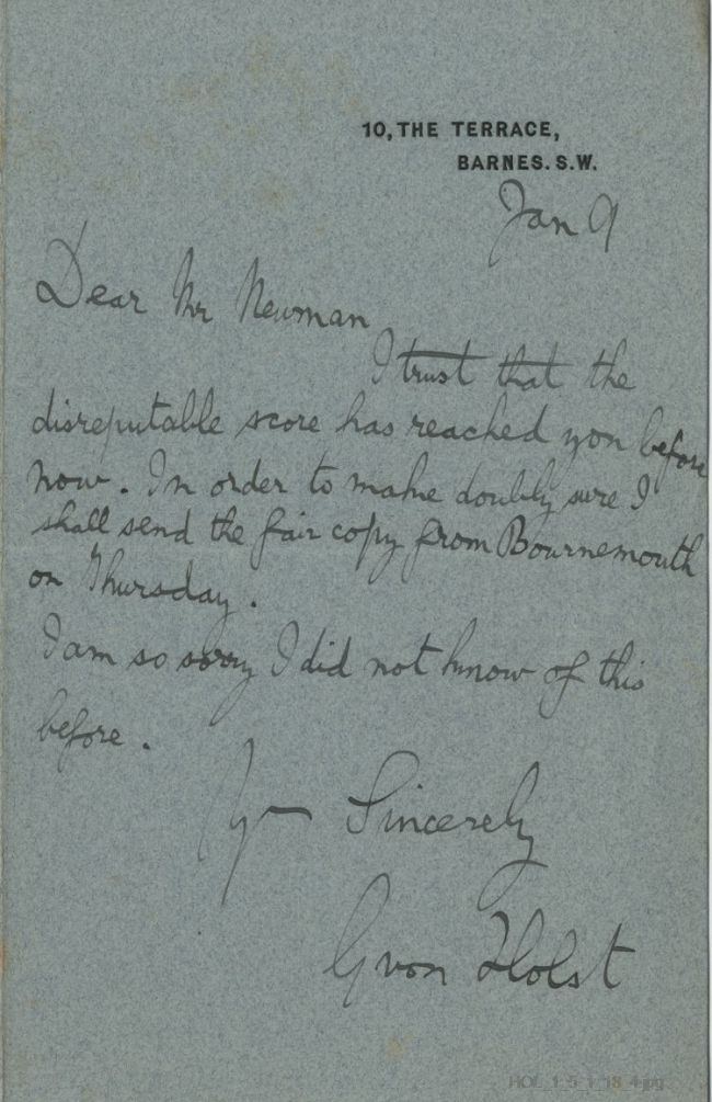 Letter from Gustav Holst to E Newman