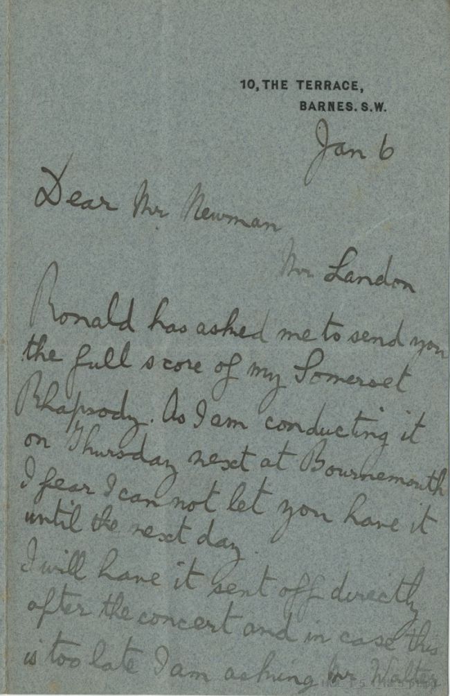 Letter from Gustav Holst to E Newman