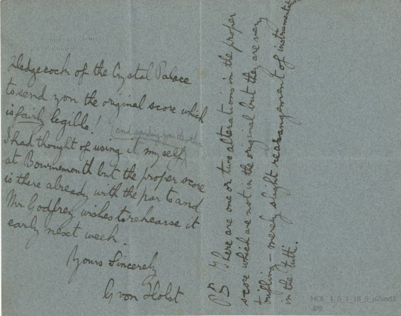 Letter from Gustav Holst to E Newman