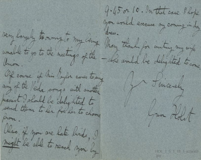 Letter from Gustav Holst to Marion Scott