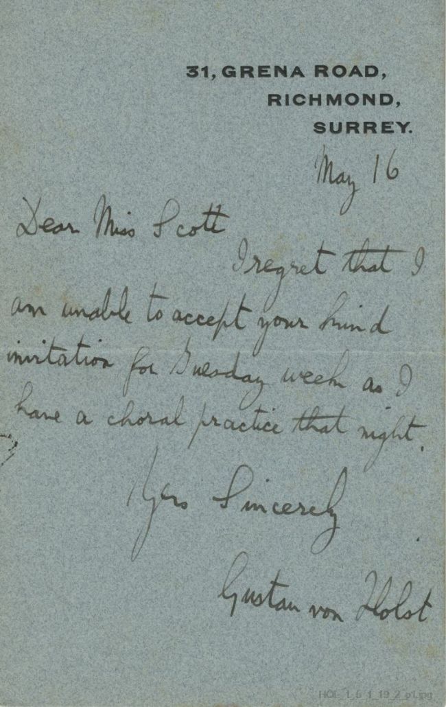 Letter from Gustav Holst to Marion Scott