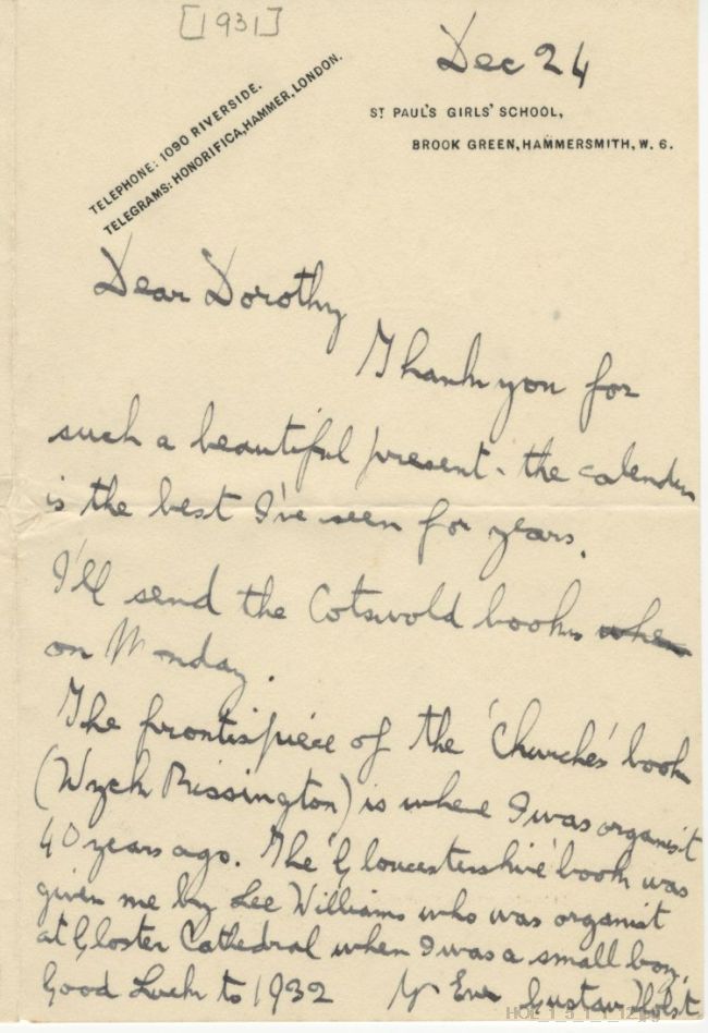 Letter from Gustav Holst to Dorothy Callard