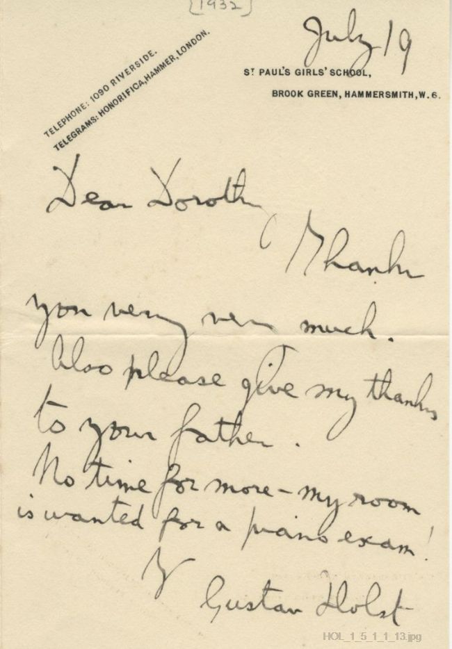 Letter from Gustav Holst to Dorothy Callard