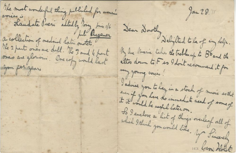 Letter from Gustav Holst to Dorothy Callard