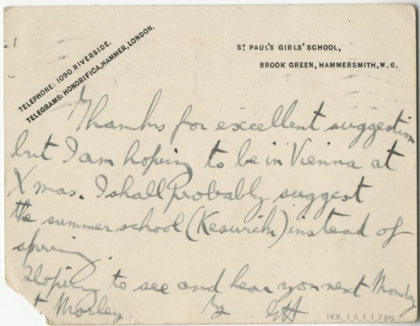 Letter from Gustav Holst to Dorothy Callard