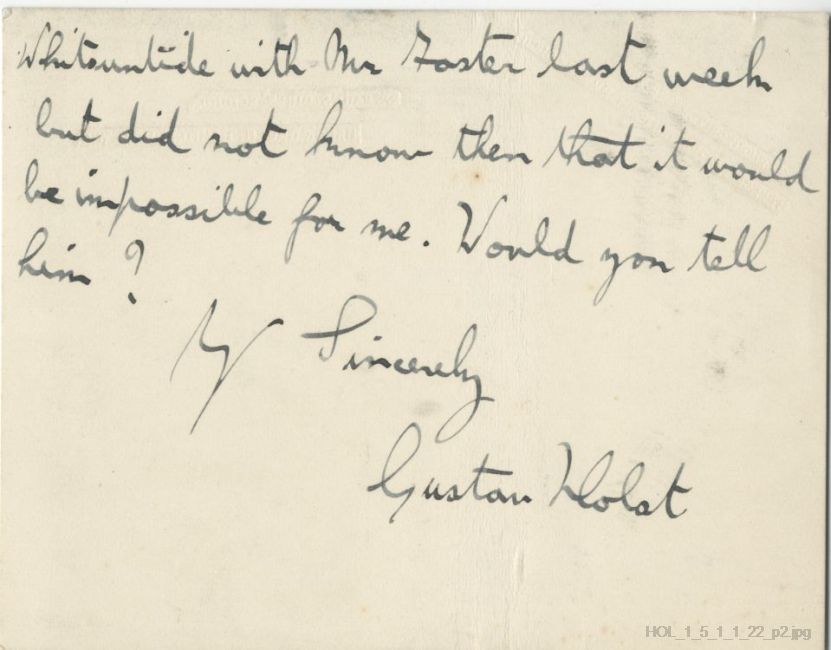 Letter from Gustav Holst to Dorothy Callard