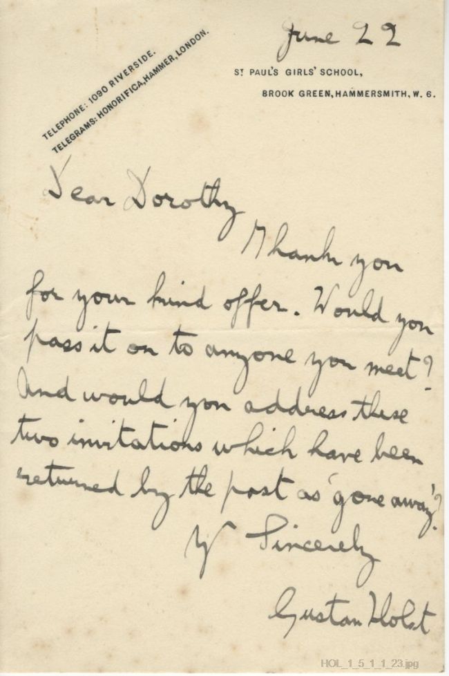 Letter from Gustav Holst to Dorothy Callard