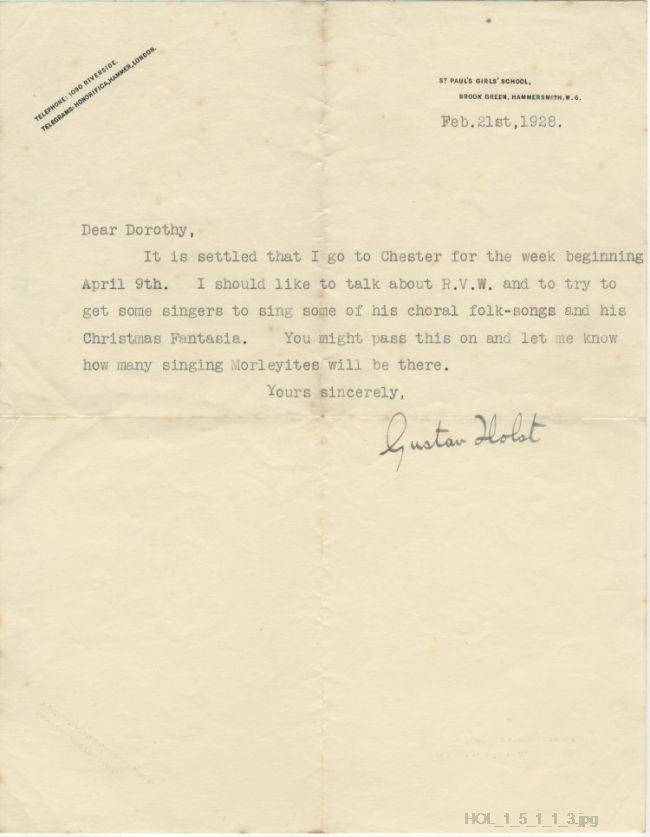 Letter from Gustav Holst to Dorothy Callard