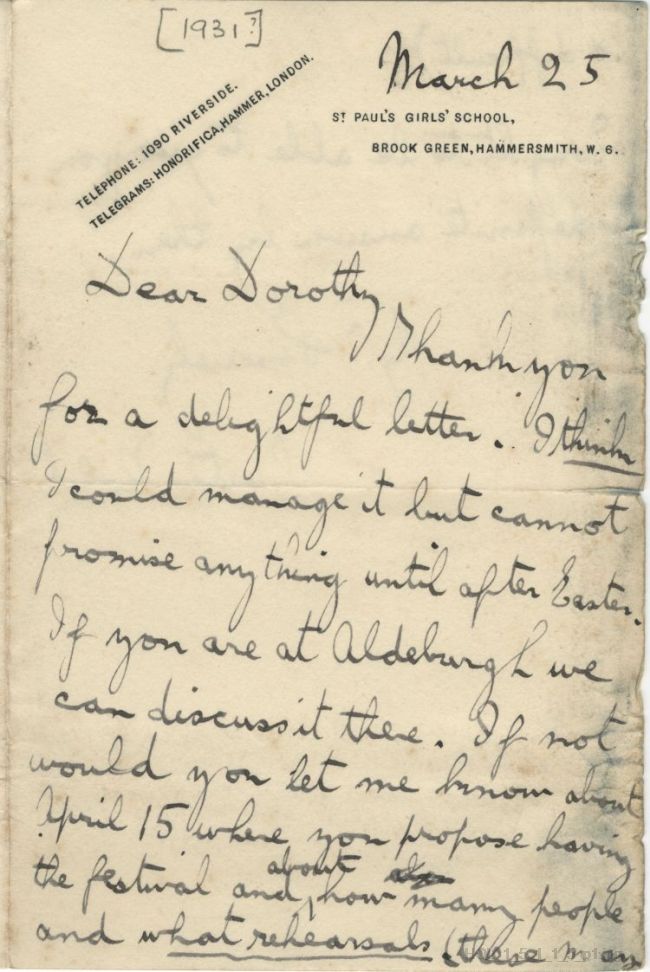 Letter from Gustav Holst to Dorothy Callard