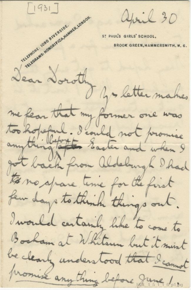 Letter from Gustav Holst to Dorothy Callard